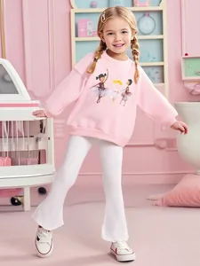 Tenue pour Filles Sweat-shirt Pullover Doublé de Polaire et Pantalon Nervuré Évasé Imprimé Ballerine Col Rond Décontracté