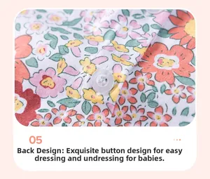Detail view of cotton floral dress with back button closure and colorful flower print