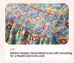 Detail of floral cotton dress featuring smocked chest design and vibrant pattern prints