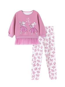 Süßes rosa Cartoon-Maus-Sweatshirt mit Spitze und Schleifen-Hose für kleine Mädchen