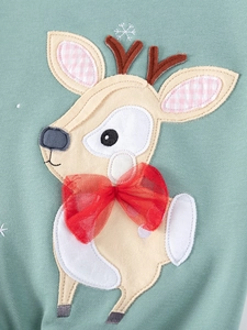 Fleece lined mint green girls outfit with cartoon deer applique and 3D tulle bow detail