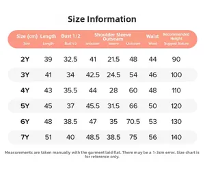 Detailed size chart for girls' striped cotton set including top and pants measurements