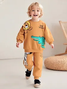 Cotton Kids Boys Clothing Set Lion Crocodile Cartoon Print Sweatshirt And Pants Autumn Casual Long Sleeve Outfit Ginger Yellow