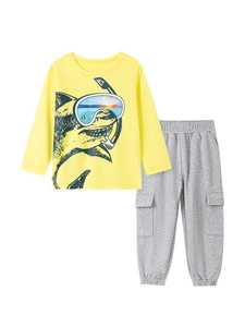 Ensemble t-shirt jaune manches longues requin et pantalon de jogging gris pour garçon