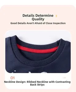 Close-up of boys cotton sweatshirt with ribbed crew neck and red contrast inner neck tape