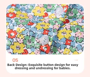 Detail view of cotton floral dress with functional back buttons for easy dressing