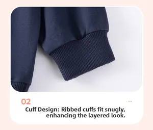 Close-up of navy blue ribbed cuffs on cotton blend sweatshirt for boys autumn set