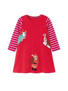 Robe rouge rayée à manches longues pour fille avec mignons appliqués animaux de Noël