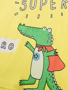 Yellow cotton boys T-shirt featuring a cartoon superhero crocodile with red cape print