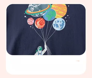 Detailed macro of space-themed heat transfer print on navy cotton toddler hoodie