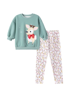 Girls' sage green reindeer sweatshirt and floral leggings two-piece autumn set