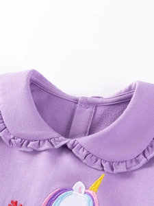 Light purple girls sweatshirt featuring ruffled Peter Pan collar and unicorn embroidery