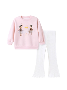 Ensemble fille avec sweat rose ballerine et pantalon évasé côtelé blanc en polaire