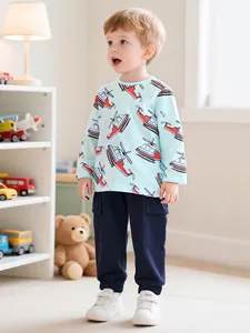 Set di Abbigliamento Casual da Ragazzo in Cotone Maglietta a Manica Lunga e Pantaloni Cargo Stampa Elicottero Autunno