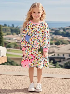 Robe à Manches Longues en Coton Floral pour Filles Avec Applique Dinosaure Robe de Princesse d'Automne pour Enfants