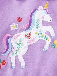 Purple girls' knit sweater with vibrant floral unicorn embroidery details