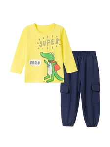 Cartoon crocodile graphic yellow long sleeve T-shirt and navy blue jogger pants set