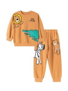 Boys safari cartoon cotton sweatshirt and joggers set in ginger yellow color