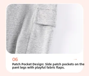 Detail of light gray knit pants featuring a side patch pocket with functional flap