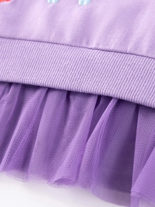 Girls' purple cotton sweatshirt with layered mesh tutu hem and ribbed texture detail
