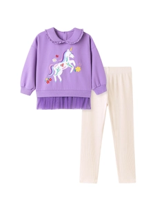 Girls' autumn set with purple unicorn mesh sweatshirt and white ribbed leggings