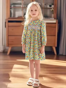 Girls Long Sleeve Cotton Floral Print Smocking Dress Kids Autumn Princess A-Line Round Neck Casual Dresses