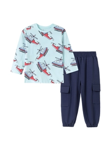 Completo bambino maglietta azzurra a maniche lunghe con elicotteri e pantaloni cargo