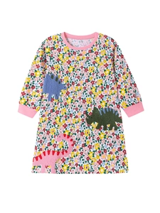 Robe fleurie à manches longues pour filles avec appliqués dinosaures sur fond blanc