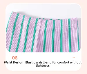Detail of elastic waistband on girls striped ribbed pants with purple and green pattern