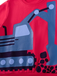 Sweat-shirt rouge pour garçon en coton avec imprimé pelleteuse bleue et bords-côtes
