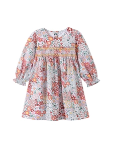 Long sleeve cotton floral dress for girls with smocked chest detail and ruffled cuffs