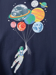 Boys navy blue cotton sweatshirt featuring a cartoon astronaut holding planet balloons