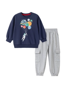 Kids navy astronaut sweatshirt and grey cargo pants two-piece cotton autumn outfit set