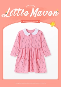 Rosa Langarm-Baumwollkleid für Mädchen 2-7 Jahre mit Peter-Pan-Kragen und Kronenmuster