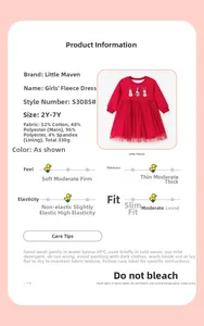 Detailed chart showing red Christmas dress specs with snowman and reindeer patches