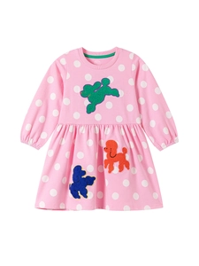 Rosa gepunktetes Baumwollkleid für Mädchen mit bunten Pudel-Stickerei-Applikationen