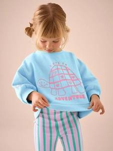 Cute striped cotton outfit for girls featuring light blue top with turtle print