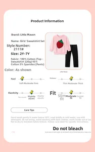 Tableau détaillé montrant l'ensemble sweat-shirt fille fraise en coton et tissu
