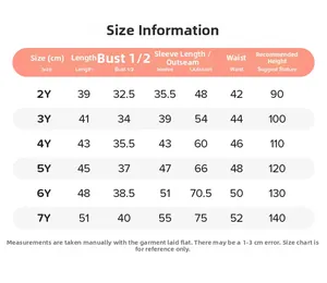 Tableau des tailles détaillé pour ensemble enfant cartoon de 2Y à 7Y avec mensurations