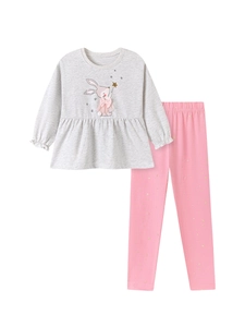 Mädchen Set mit grauem Hasen-Oberteil und rosa Stern-Leggings für den Herbst 2-teilig