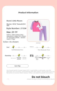Detailed fabric specs and size guide for girls cotton unicorn sweatshirt and pants set