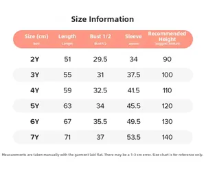 Detailed size chart for girls' long-sleeve cartoon dress showing 2Y to 7Y measurements