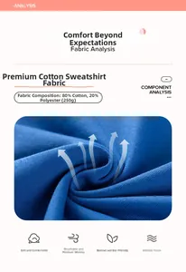 Detail of blue 80% cotton sweatshirt fabric showing 250g weight texture and breathability