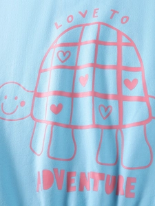 Cute light blue striped cotton girls outfit featuring a cartoon turtle and adventure text