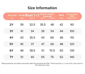 Size chart table for girls cartoon clothing set with detailed measurements for ages 2 to 7