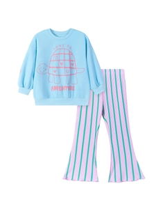 Blue kids sweatshirt with turtle print and pink striped flared pants set for girls