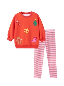 Rotes Weihnachts-Sweatshirt für Mädchen und rosa gestreifte Hose mit Urlaubsstickerei