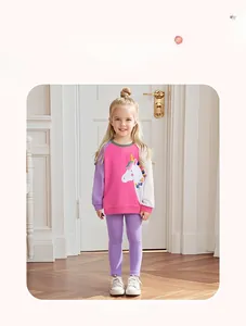 Detail of pink girls sweatshirt with unicorn embroidery and purple sleeve contrast