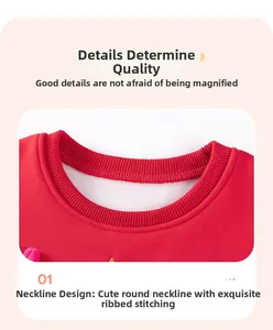 Detail of red fleece dress showing the ribbed crew neckline and flatlock seam stitching