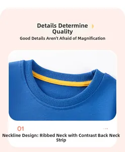 Detailed macro view of the blue ribbed crew neck and yellow contrast back neck tape on sweatshirt